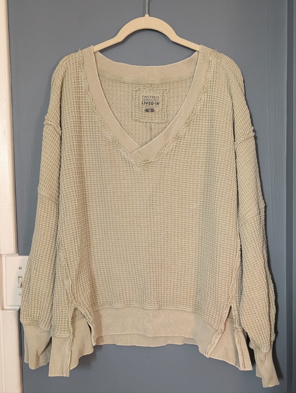 American Eagle Sage/Olive Waffle-Knit V-Neck OVERSIZED Sweater Medium "